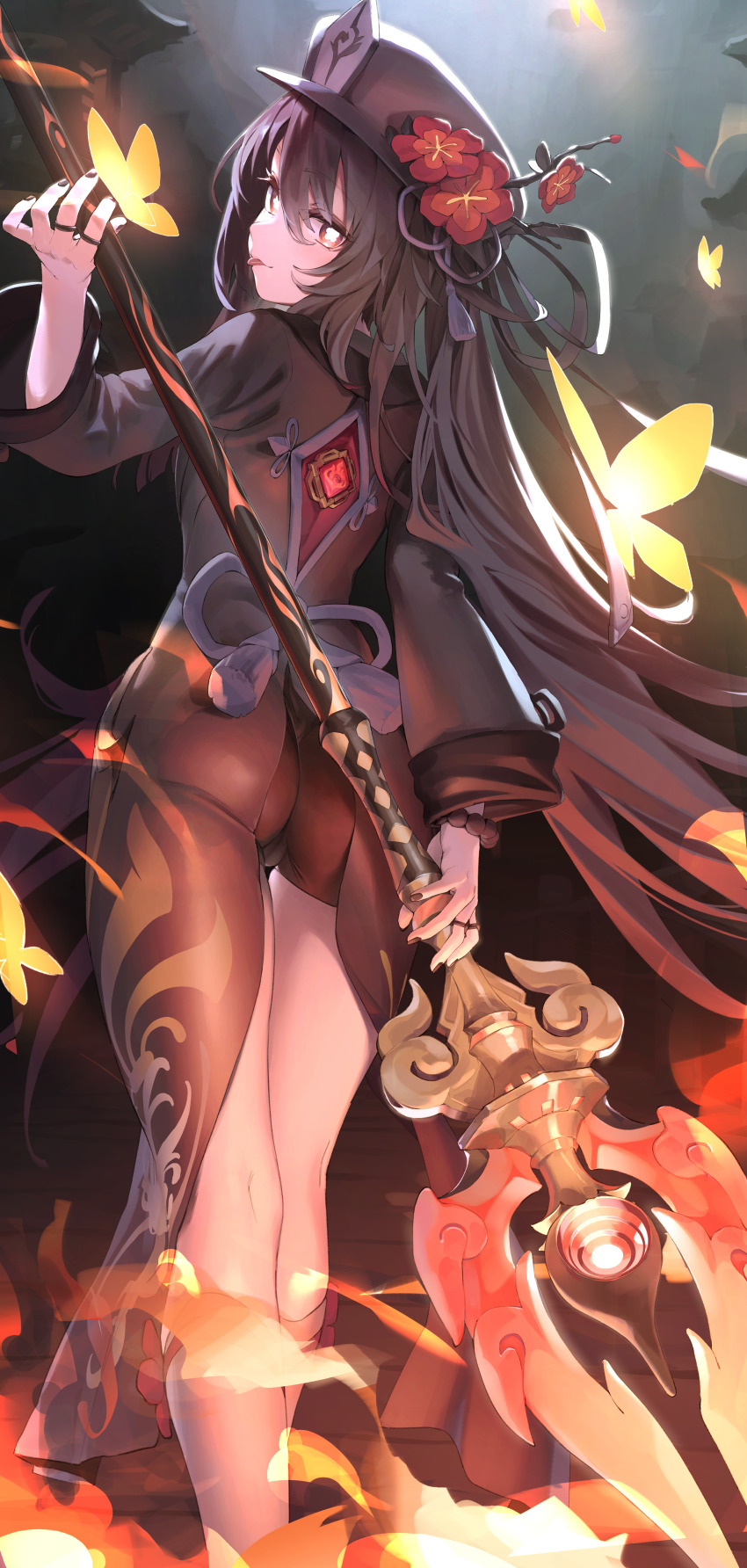 1girl, :p, absurdres, ass, black_headwear, black_nails, black_shorts, bug