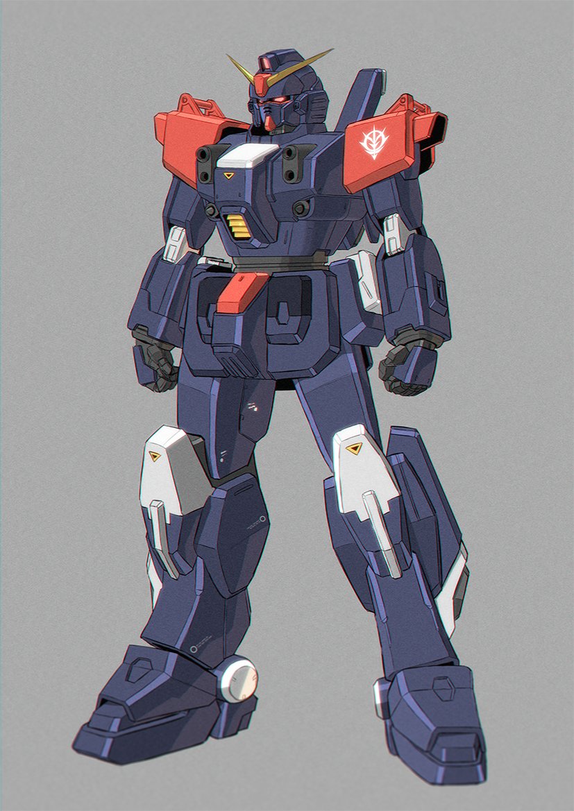 blue_destiny_02, clenched_hands, commentary_request, full_body, glowing, glowing_eyes, grey_background, gundam, gundam_side_story:_the_blue_destiny, kuramochi_kyouryuu, mecha, mecha_focus, mobile_suit, no_humans, red_eyes, robot, science_fiction, simple_background, solo, standing, v-fin, zeon