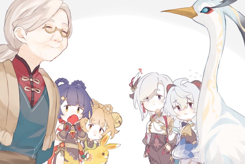6+girls, apple, bird, china_dress, chinese_clothes, cloud_retainer_(genshin_impact), crane_(animal), dress
