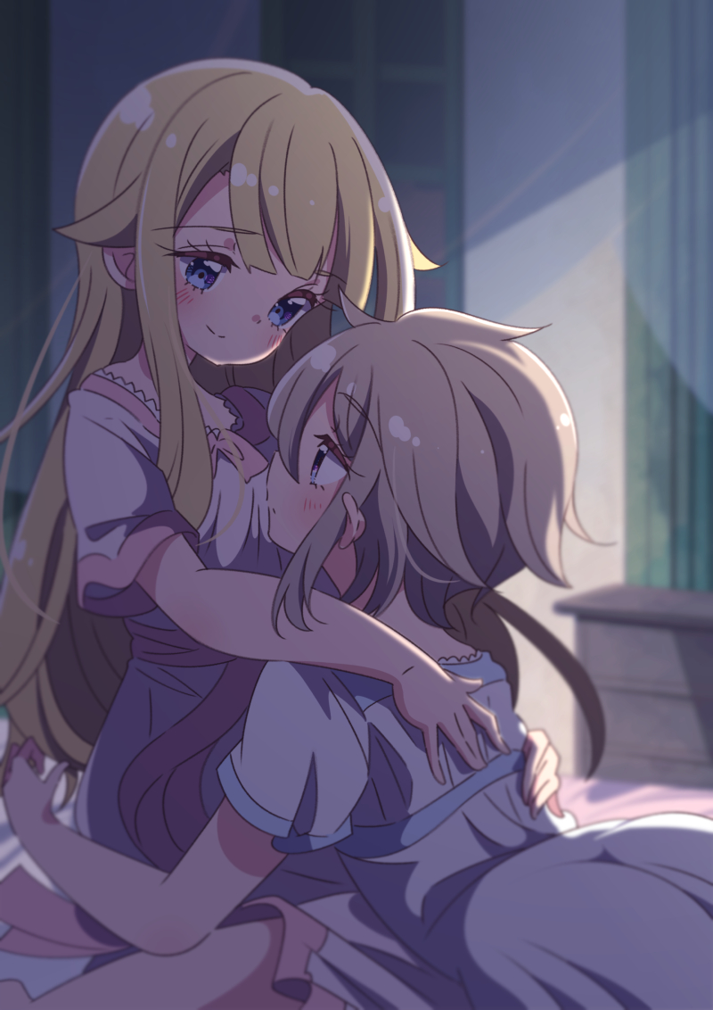 2girls, ange_(princess_principal), blonde_hair, blush, eye_contact, honkawa_works, hug, indoors