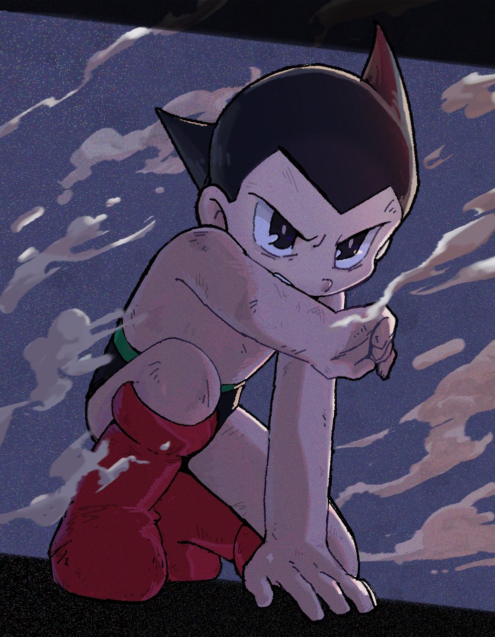 1boy, android, angry, atom_(tetsuwan_atom), black_hair, boots, commentary, commentary_request, glaring, highres, kneeling, male_focus, marias_(harako), red_boots, retro_artstyle, robot, science_fiction, smoke, solo, spiked_hair, teeth, tetsuwan_atom, topless_male, v-shaped_eyebrows