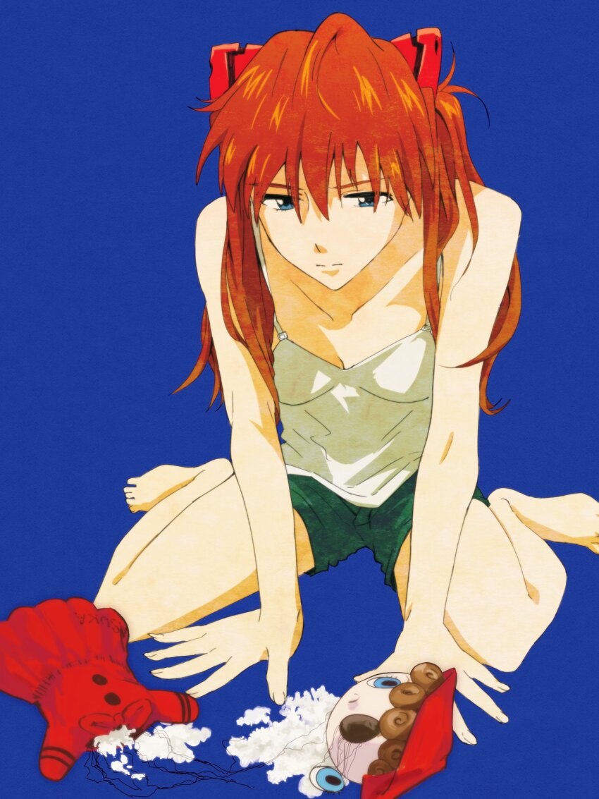 1girl, arm_support, bare_shoulders, barefoot, blue_background, blue_eyes, breasts, brown_hair, doll, expressionless, full_body, hair_ornament, highres, interface_headset_(evangelion), long_hair, medium_breasts, neon_genesis_evangelion, pakkun, shiny_skin, shorts, simple_background, sitting, solo, souryuu_asuka_langley, title, toes, very_long_hair