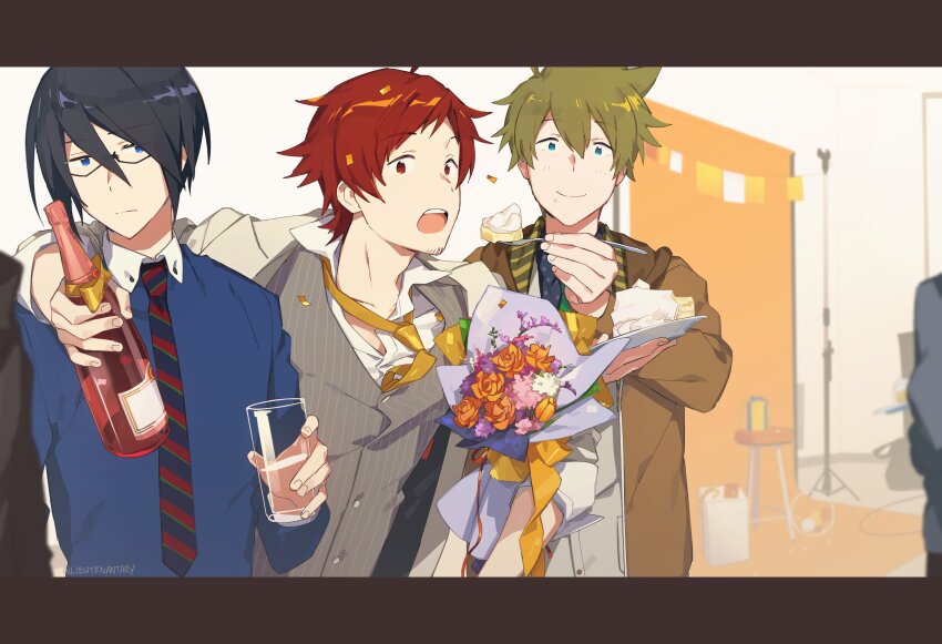 3boys, absurdres, black_hair, blue_eyes, bouquet, cake, collared_shirt, cup