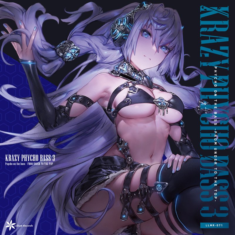 1girl, artist_request, ass, belt, bikini, bizarre_nation, black_background, black_bikini, black_pantyhose, blue_background, blue_eyes, blue_light, blue_nails, breasts, buckle, collar, copyright_request, detached_sleeves, english_text, feet_out_of_frame, grey_hair, headphones, jewelry, krazy_phycho_bass, large_breasts, leather, lilium_records, long_hair, looking_down, metal, metal_collar, music, nail_polish, nails, navel, necklace, nizikawa, pantyhose, promotional_art, serious, shorts, swimsuit, thighhighs, thighs, tora_a_media, two-tone_background, white_hair