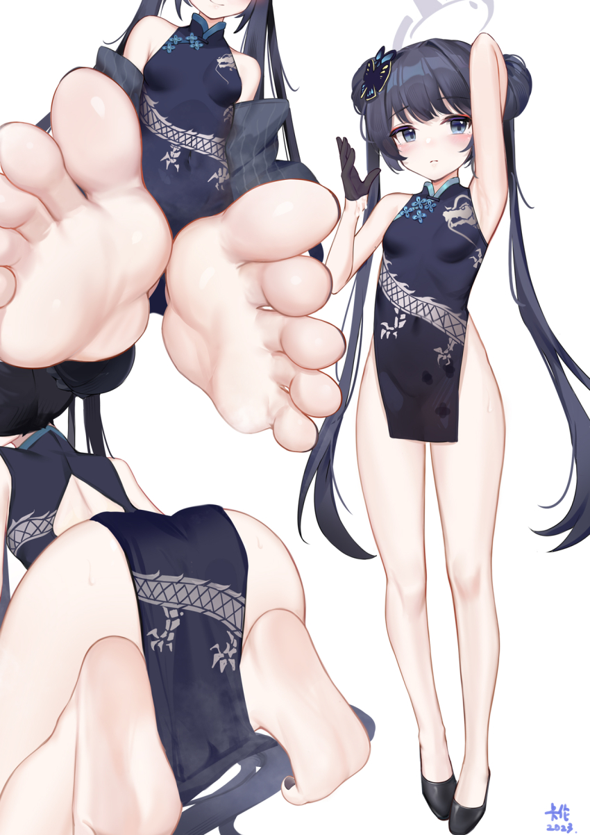 1girl, barefoot, black_hair, black_nails, blue_archive, chinese_clothes, double_bun, feet, foot_focus, hair_bun, highres, kalun_(fwme3378), kisaki_(blue_archive), light_blush, long_hair, looking_at_viewer, multiple_views, nail_polish, simple_background, soles, steam, toenail_polish, toenails, toes, twintails, white_background