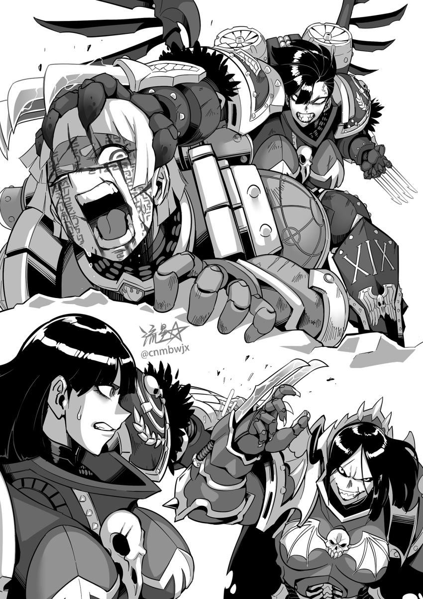 3girls, angry, armor, black_armor, black_hair, bleeding, blood, blood_on_face, breastplate, breasts, claws, corvus_corax, evil_grin, evil_smile, feathers, fighting, forgiveness, gauntlets, genderswap, genderswap_(mtf), greaves, greyscale, grin, highres, holding, injury, konrad_curze, large_breasts, laurels, long_hair, lorgar_aurelian, monochrome, multiple_girls, night_lords, power_armor, power_claw, primarch, raven_guard, ryuusei_(mark_ii), scar, scar_on_face, shoulder_armor, siblings, signature, sisters, skull, smile, sweatdrop, tears, torture, warhammer_40k, weapon, word_bearers