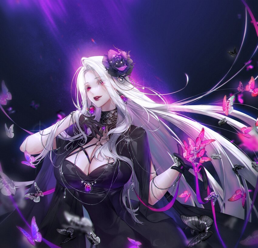 1girl, black_dress, black_gloves, breasts, bug, bumyong, butterfly, cleavage