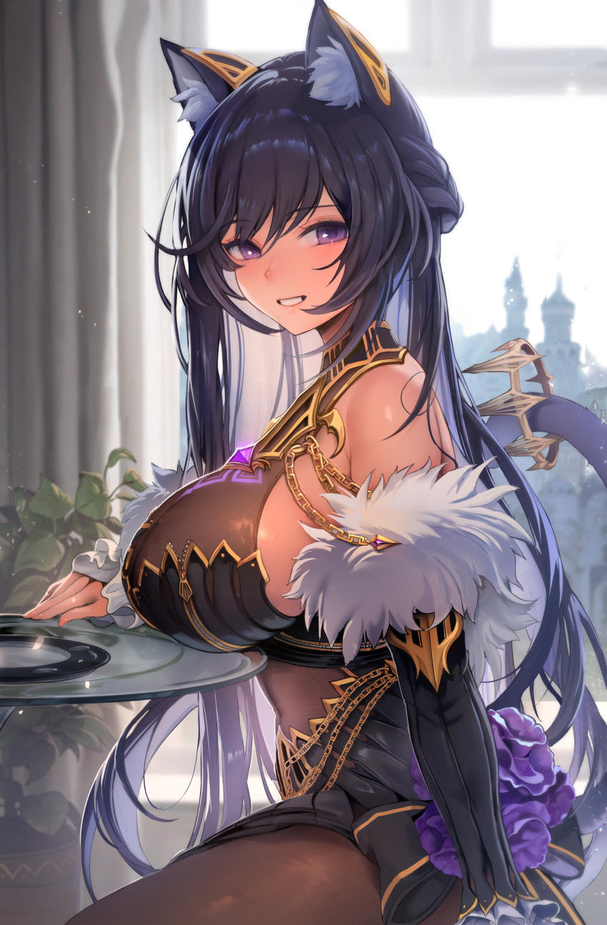 1girl, absurdres, animal_ears, bare_shoulders, black_bodysuit, black_hair, blush, bodysuit, breast_rest, breasts, carmen_(counter:side), cat_ears, cat_girl, cat_tail, chain, counter:side, covered_navel, cowboy_shot, detached_sleeves, feather_trim, from_side, highres, large_breasts, long_hair, looking_at_viewer, looking_to_the_side, multicolored_hair, parted_lips, purple_eyes, sitting, smile, solo, swept_bangs, tail, two-tone_hair, very_long_hair, white_hair, zerocat