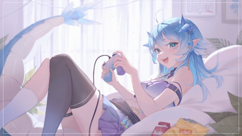 1girl, :d, absurdres, ahoge, aqua_nails, arm_strap, asymmetrical_legwear, bed, black_thighhighs, blue_eyes, blue_hair, blue_skirt, blue_tank_top, breasts, brooch, calendar_(object), controller, cropped_legs, detached_collar, exitus, fang, food, highres, holding, holding_controller, horns, jewelry, lay's_(potato_chips), light_blue_hair, long_hair, looking_at_viewer, lying, medium_breasts, midori_fufu, navel, on_back, open_mouth, painting_(object), paroniie_(vtuber), pillow, plant, pocky, potion, potted_plant, sidelocks, skirt, smile, socks, tail, tank_top, tattoo, thigh_strap, thighhighs, virtual_youtuber, white_socks, window