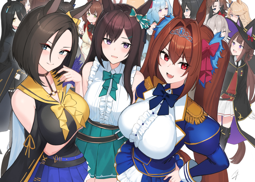 6+girls, air_groove_(empress_road)_(umamusume), air_groove_(umamusume), animal_ears, aston_machan_(flare)_(umamusume), aston_machan_(umamusume), bare_shoulders, black_hair