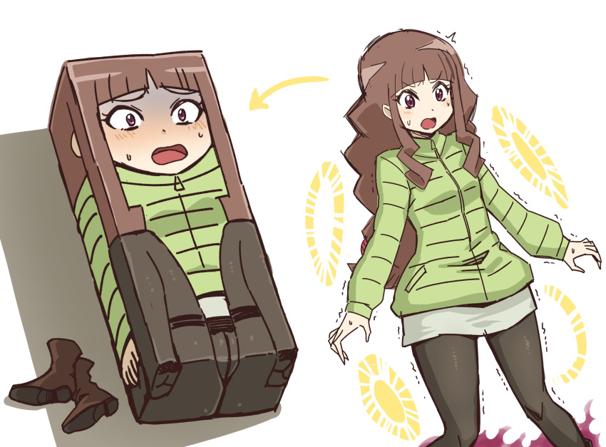 1girl, ass, body_modification, boots, box, boxification, breasts, brown_hair, cameltoe, casual, digimon, digimon_ghost_game, halo, highres, long_hair, looking_to_the_side, lying, moaning, pantyhose, pink_eyes, ryona, sequential, small_breasts, solo, surprised, sweat, tobato_the_dog, tobatoinu, transformation, trapped, trembling, tsukiyono_ruli, very_long_hair, white_background, wide_hips