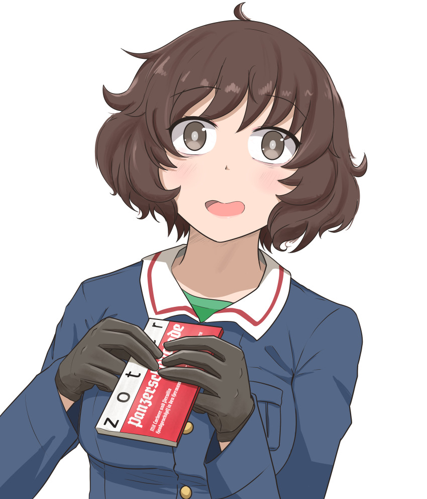 1girl, absurdres, akiyama_yukari, black_gloves, blue_jacket, blush, brown_eyes, brown_hair, candy, chocolate, chocolate_bar, commentary, destoroyar, drugged, drugs, english_text, food, german_text, girls_und_panzer, gloves, green_shirt, highres, holding, holding_food, jacket, long_sleeves, looking_at_viewer, messy_hair, military, military_uniform, ooarai_military_uniform, open_mouth, panzerschokolade, pervitin, shirt, short_hair, simple_background, smile, solo, translation_request, upper_body, valentine, white_background