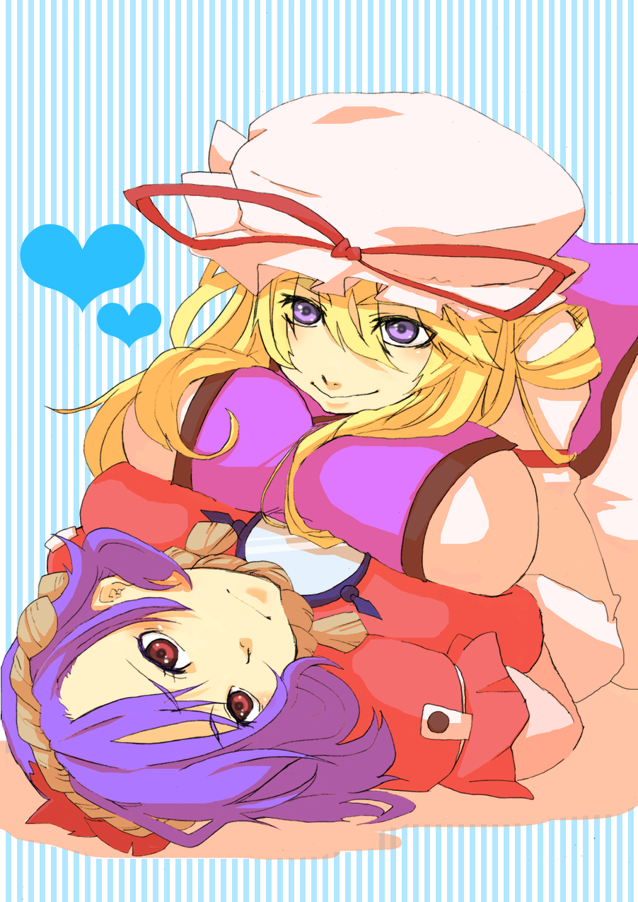 2girls, blonde_hair, blue_background, blue_eyes, blue_hair, breast_press, breasts, cacco, female_focus, girl_on_top, hair_between_eyes, hat, highres, large_breasts, long_hair, looking_at_viewer, lying, lying_on_person, multiple_girls, on_back, on_stomach, red_eyes, short_hair, smile, straight_hair, striped_background, symmetrical_docking, tabard, touhou, yakumo_yukari, yasaka_kanako, yuri