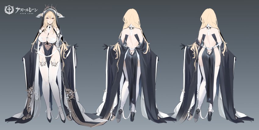 1girl, absurdres, azur_lane, bad_link, bad_weibo_link, bare_shoulders, black_dress, black_gloves, blonde_hair, blush, breasts, brown_eyes, cleavage, collarbone, concept_art, covered_navel, detached_collar, dress, gloves, high_heels, highres, horns, implacable_(azur_lane), incredibly_absurdres, kincora, large_breasts, long_hair, looking_at_viewer, md5_mismatch, mole, mole_under_eye, navel, nun, open_mouth, parted_lips, pelvic_curtain, reference_sheet, resolution_mismatch, sidelocks, smile, solo, source_smaller, stomach, thighhighs, thighs, thong, very_long_hair, white_thighhighs, wide_sleeves