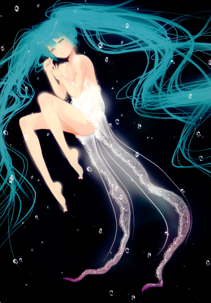 1girl, absurdres, aqua_eyes, aqua_hair, bare_shoulders, barefoot, caterpillar_(artist), dress, female_focus, fetal_position, hatsune_miku, highres, jellyfish, legs, long_hair, plantar_flexion, shima, shima_(h8222-9902m), skirt, solo, tentacles, twintails, underwater, very_long_hair, vocaloid, white_dress