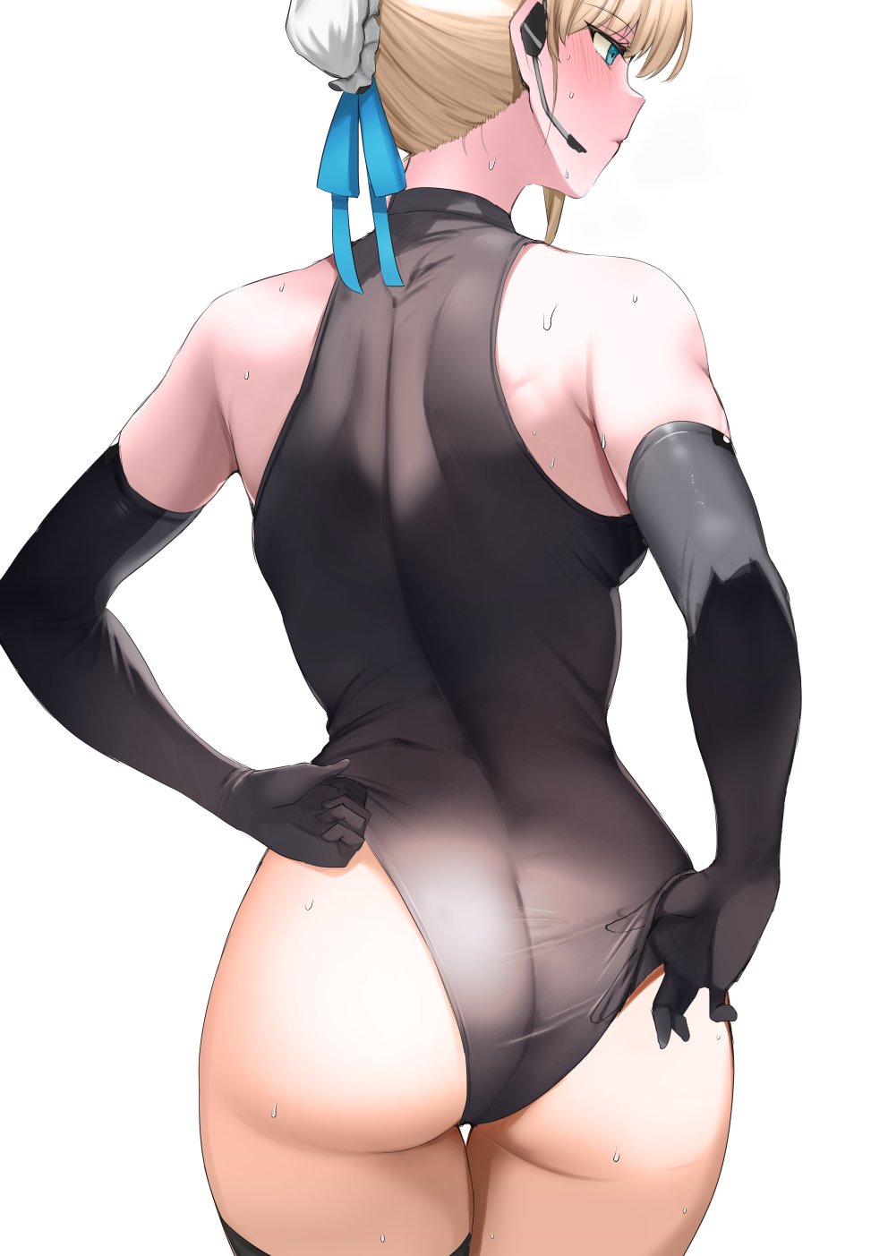 1girl, abi_(abimel10), adjusting_clothes, adjusting_leotard, ass, back, bare_shoulders, black_gloves, black_leotard, black_thighhighs, blonde_hair, blue_archive, blue_eyes, blush, bun_cover, closed_mouth, commentary, earpiece, elbow_gloves, facing_to_the_side, from_behind, gloves, hair_bun, highres, leotard, profile, short_hair, solo, sweat, thighhighs, toki_(blue_archive), white_background
