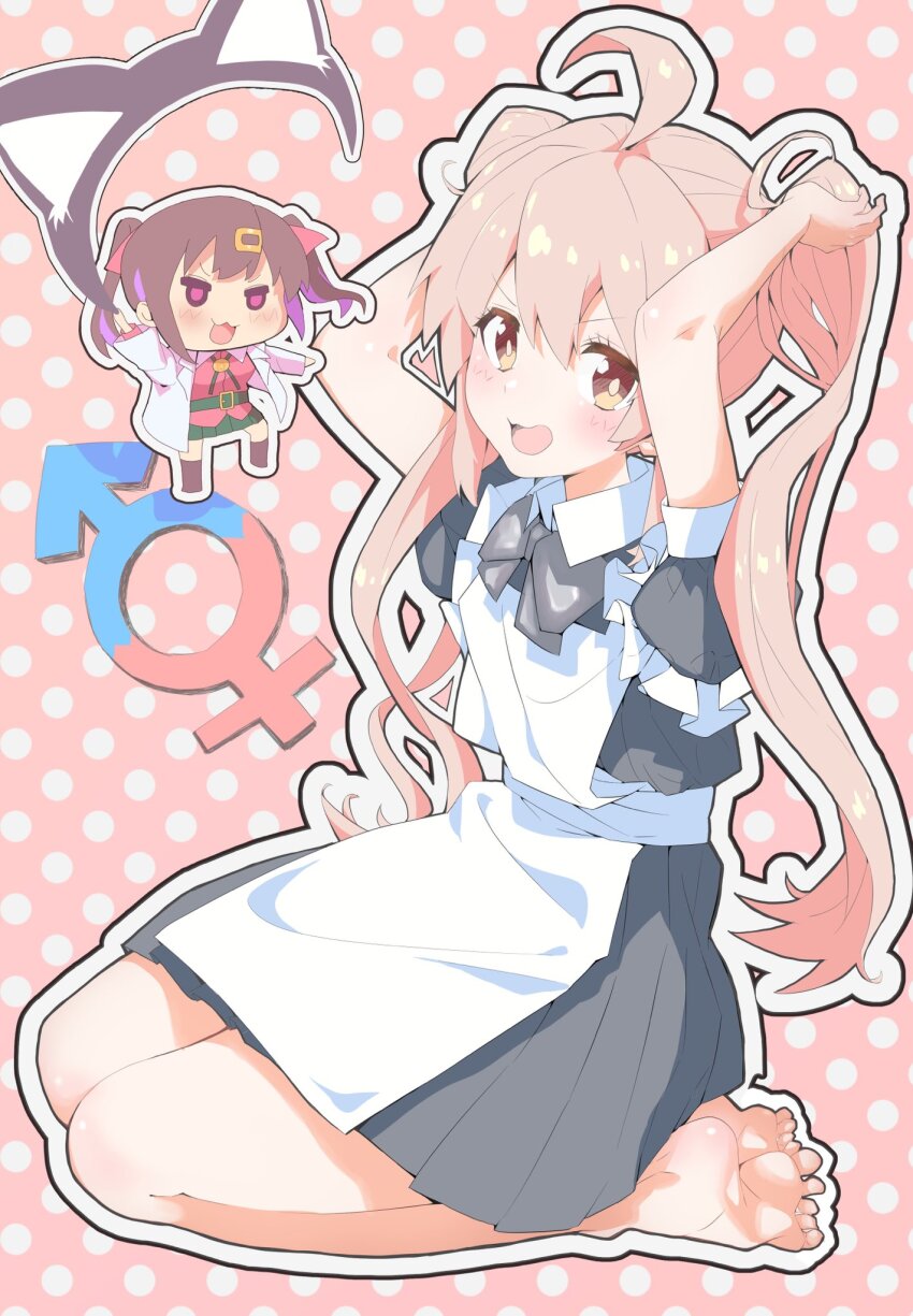 2girls, animal_ears, apron, barefoot, blush, bow, cat_ears, dezi