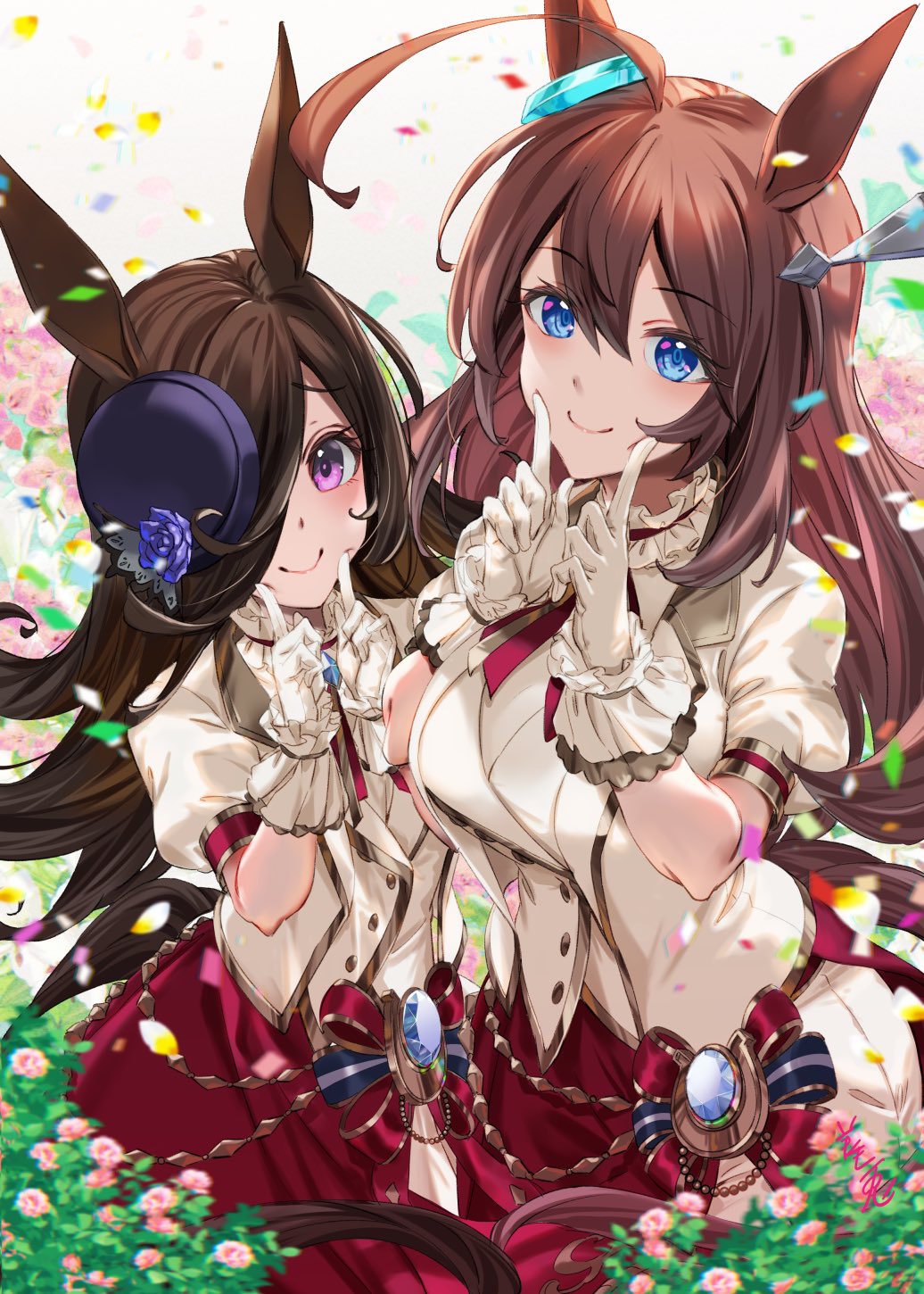 2girls, ahoge, animal_ears, blue_eyes, brown_hair, flower, gloves, hair_between_eyes, hair_ornament, hair_over_one_eye, hat, hat_flower, highres, horse_ears, horse_girl, jacket, long_hair, looking_at_viewer, mihono_bourbon_(umamusume), multiple_girls, new_stars_rose_(umamusume), purple_eyes, purple_flower, purple_headwear, purple_rose, red_skirt, rice_shower_(umamusume), rose, skirt, smile, tilted_headwear, umamusume, vest, white_gloves, white_jacket, white_vest, youmou_usagi