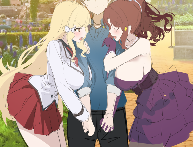 1boy, 2girls, akino_(princess_connect!), blonde_hair, breasts, dress, girl_sandwich, image_sample