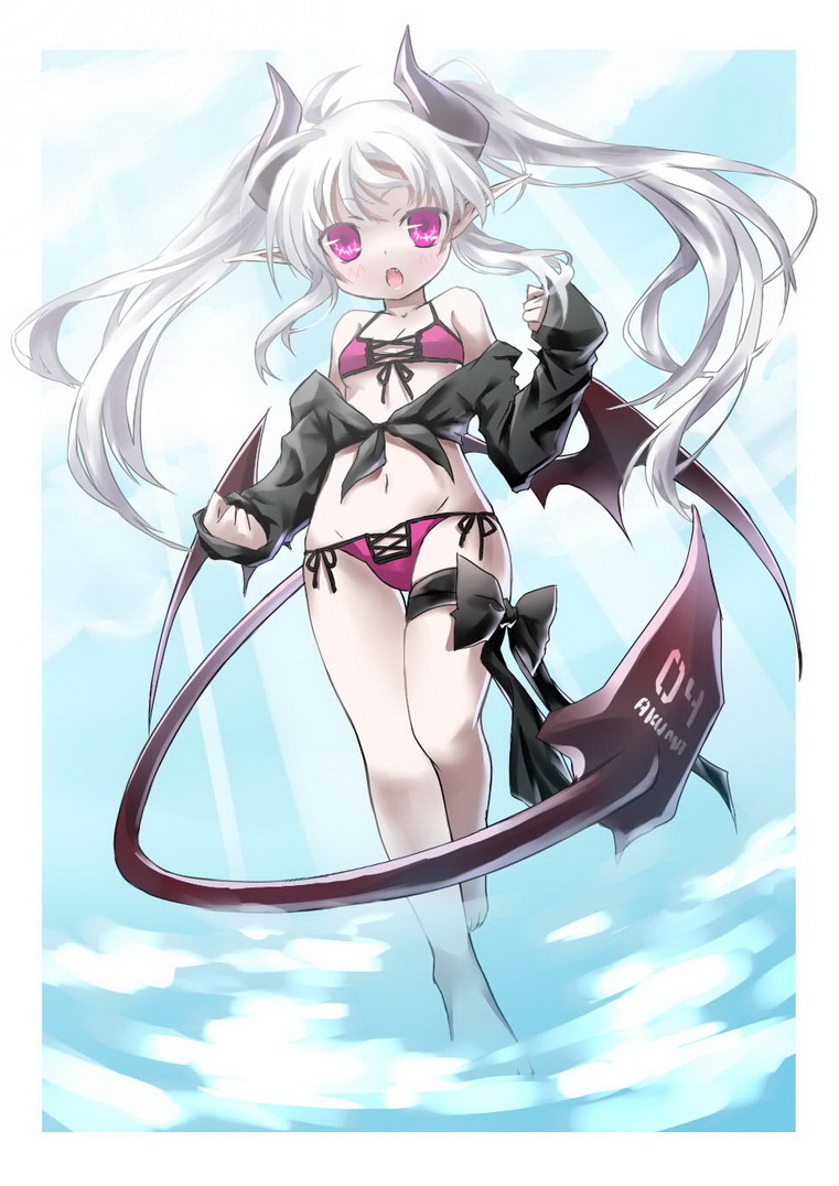 1girl, barefoot, bikini, bikini_under_clothes, blush, clothes_pull, demon_girl, demon_tail