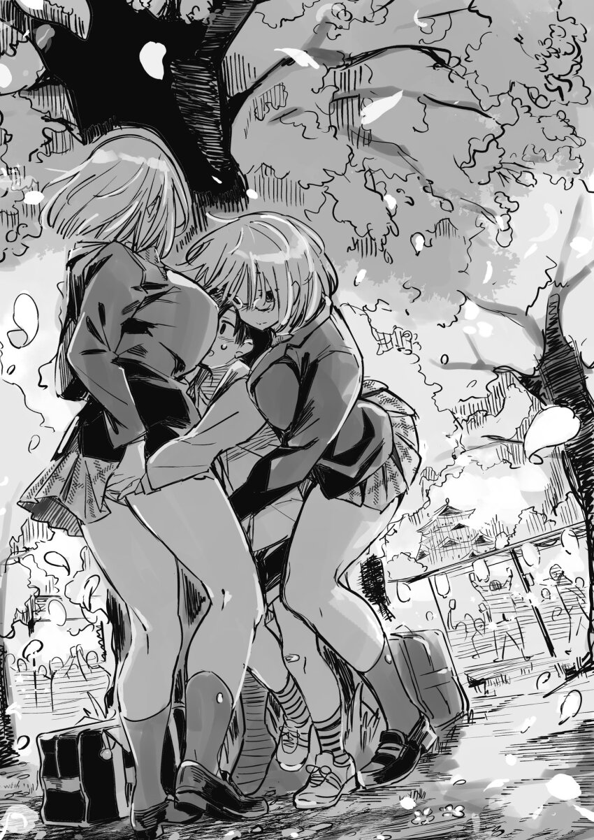 1boy, 2girls, age_difference, character_request, child, copyright_request, from_side, full_body, girl_sandwich, glasses, grabbing_another's_ass, greyscale, groping, hair_between_eyes, highres, inui_achu, medium_hair, miniskirt, monochrome, multiple_girls, onee-shota, outdoors, people, pleated_skirt, sandwiched, shoes, shorts, skirt, sneakers, socks, standing, sweatdrop, tree