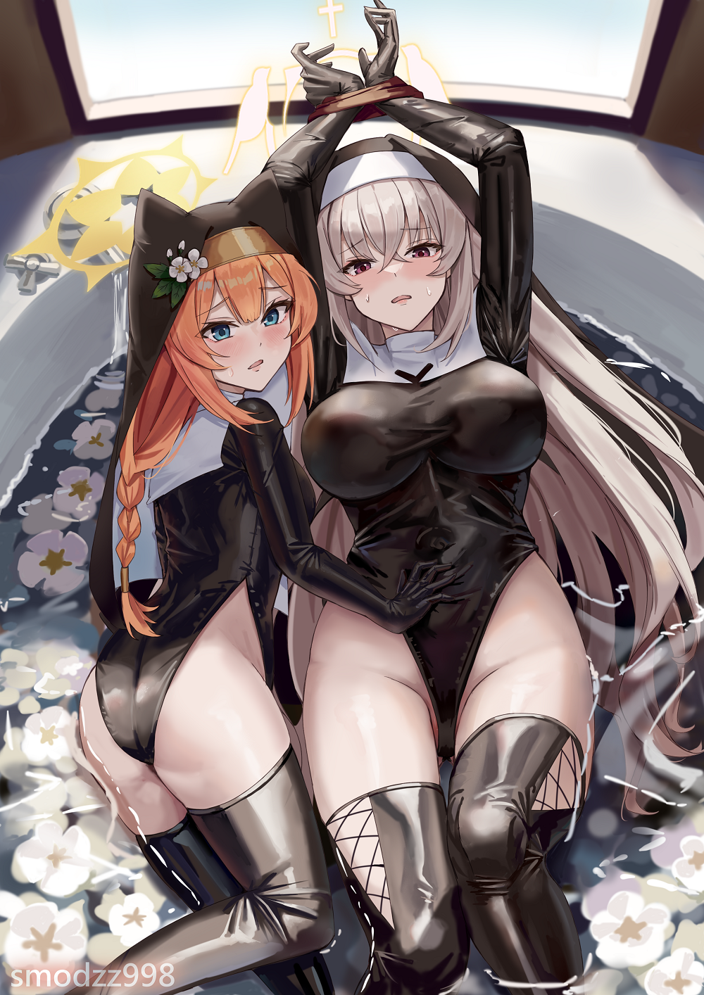 2girls, animal_ears, artist_name, ass, bathtub, black_footwear, black_leotard, blue_archive