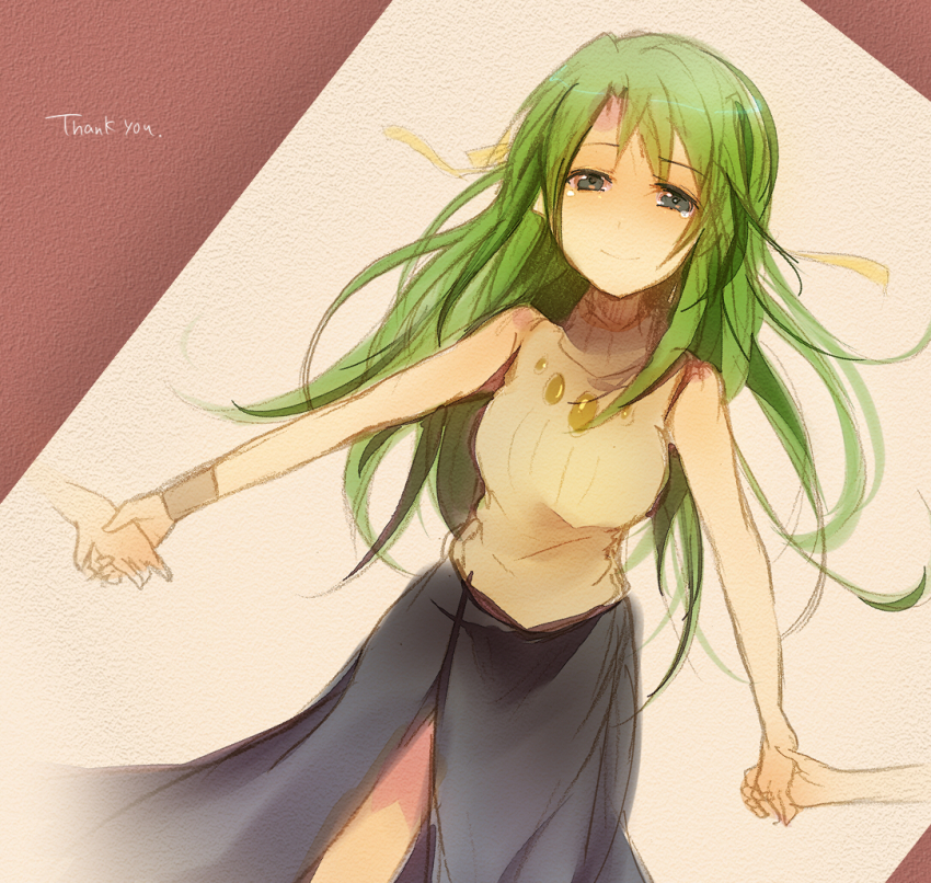 1girl, az_(shotatteiiyone), bad_id, bad_pixiv_id, female_focus, green_eyes, green_hair, holding_hands