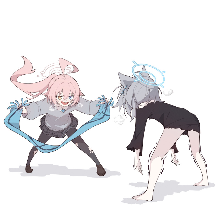 2girls, :d, absurdres, aged_down, ahoge, animal_ears, bent_over, black_shirt