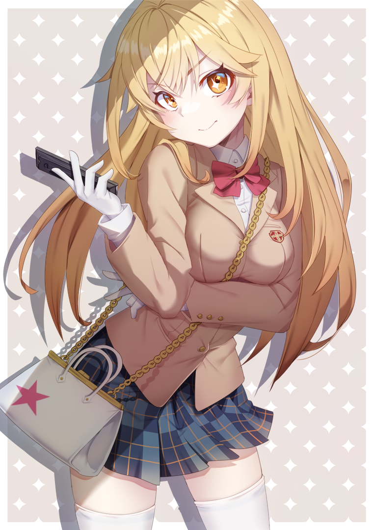 1girl, arm_under_breasts, bag, black_skirt, blazer, blonde_hair, border, bow