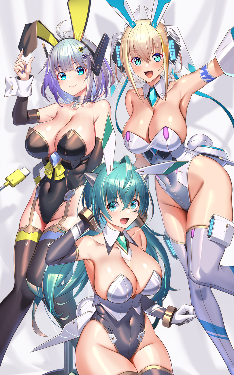 3girls, :d, animal_ears, antenna_hair, aqua_eyes, aqua_hair, arm_behind_head, arm_strap, arm_up, armpits, bare_shoulders, black_footwear, black_leotard, black_sleeves, blonde_hair, blunt_bangs, blush, boots, breasts, cleavage, closed_mouth, collar, collarbone, commentary_request, covered_navel, detached_collar, detached_sleeves, elbow_gloves, facial_mark, fake_animal_ears, fake_tail, gariben_girl_v, garter_straps, gloves, gradient_hair, grey_footwear, grey_hair, grey_leotard, groin, hair_between_eyes, headgear, highres, large_breasts, leotard, long_hair, looking_at_viewer, mecha_musume, multicolored_hair, multiple_girls, official_art, open_mouth, playboy_bunny, purple_hair, purple_nails, rabbit_ears, rabbit_tail, short_hair, sidelocks, sitting, skindentation, smile, standing, standing_on_one_leg, stool, strapless, strapless_leotard, tail, takamine_nadare, thigh_boots, two-tone_hair, white_leotard, wrist_cuffs