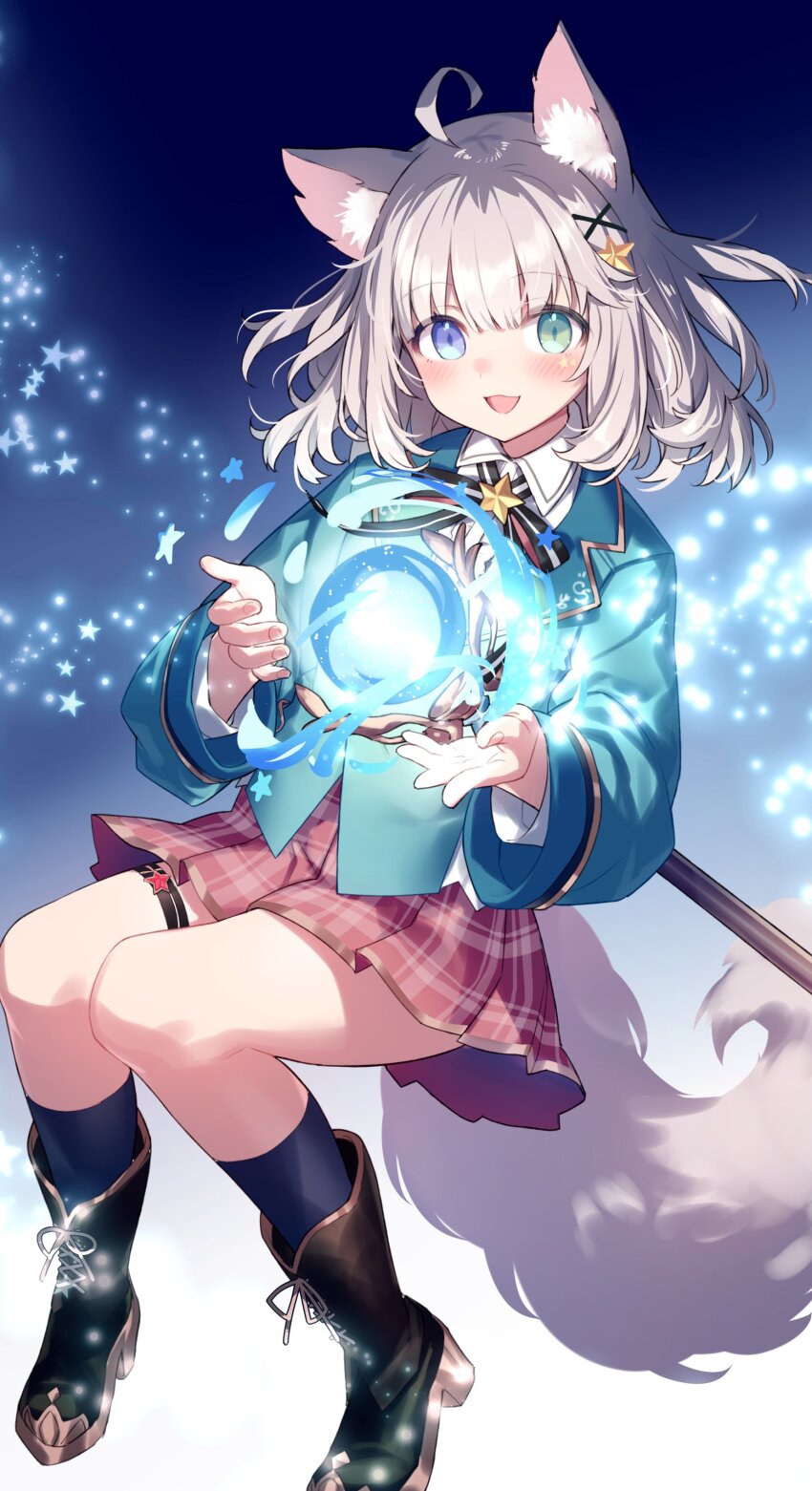 1girl, :d, absurdres, animal_ears, black_boots, blue_eyes, blue_jacket, boots