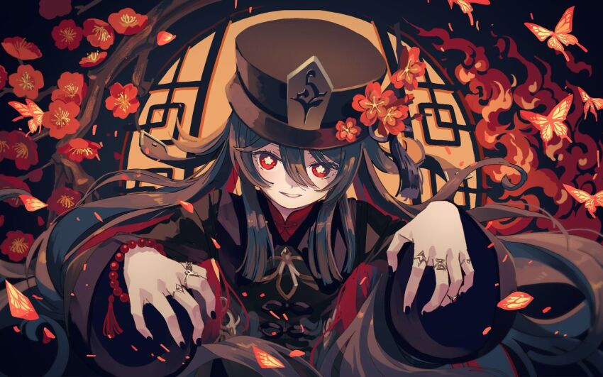 1girl, brown_hair, bug, butterfly, genshin_impact, hat, highres, hu_tao_(genshin_impact), insect, red_eyes, solo, yasui_marie