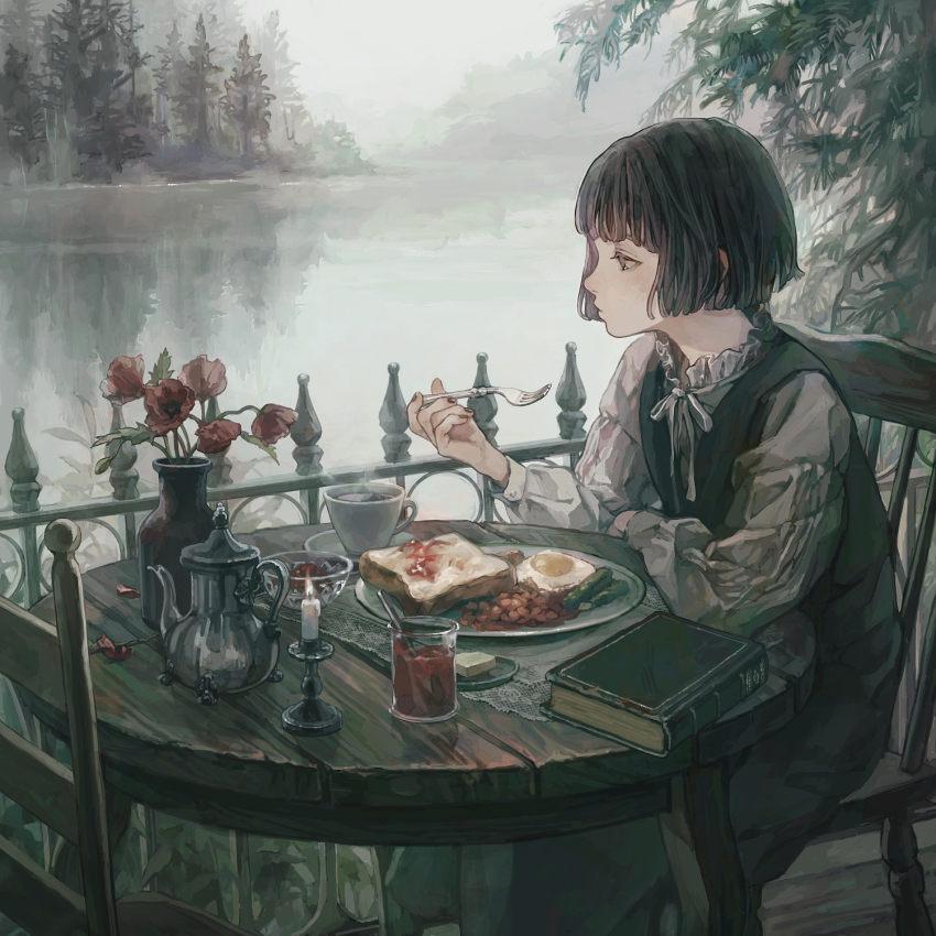 1girl, arm_rest, black_dress, black_eyes, black_hair, black_nails, bob_cut, book, bowl, bread, bread_slice, breakfast, butter, candle, chair, commentary_request, cup, day, dress, fire, flower, fog, food, fork, fried_egg, frilled_shirt, frills, from_side, highres, holding, holding_fork, hotatenshi, jam, jar, lake, long_dress, long_sleeves, looking_afar, neck_ribbon, on_chair, original, outdoors, plate, profile, railing, red_flower, reflection, reflective_liquid, ribbon, shirt, short_hair, sitting, solo, steam, table, tea, teacup, teapot, tree, vase, water, white_ribbon, white_shirt, wooden_chair, wooden_table
