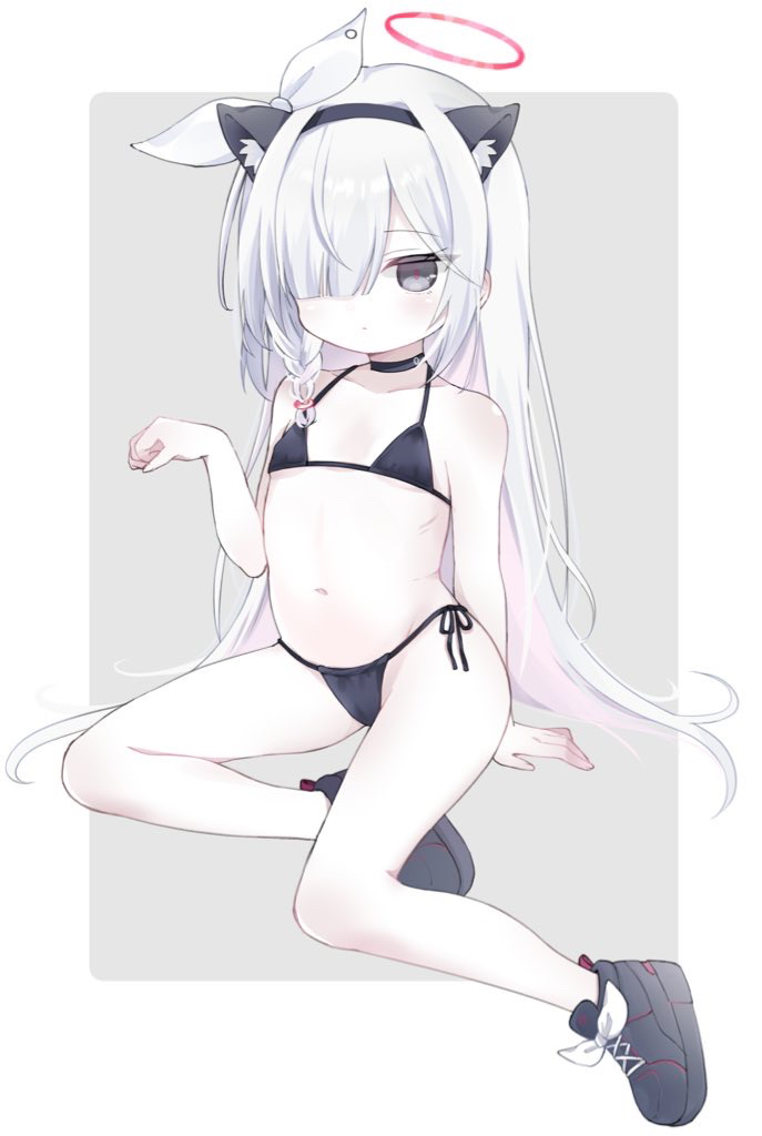 1girl, animal_ear_fluff, animal_ears, bare_arms, bare_shoulders, bikini, black_bikini, black_choker