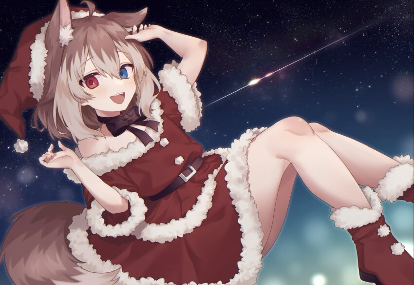 1girl, :d, animal_ears, asano_yoru_(artist), belt, blue_eyes, boots, bow, bow_choker, brown_hair, choker, dog_ears, dog_girl, dog_tail, fur-trimmed_shirt, fur-trimmed_skirt, fur_trim, hasuki_rui, hat, heterochromia, highres, indie_virtual_youtuber, light_brown_hair, medium_hair, multicolored_hair, off_shoulder, open_mouth, red_eyes, red_hat, red_shirt, red_skirt, santa_boots, santa_costume, santa_hat, second-party_source, shirt, short_sleeves, skirt, sky, smile, star_(sky), starry_sky, tail, two-tone_hair, virtual_youtuber