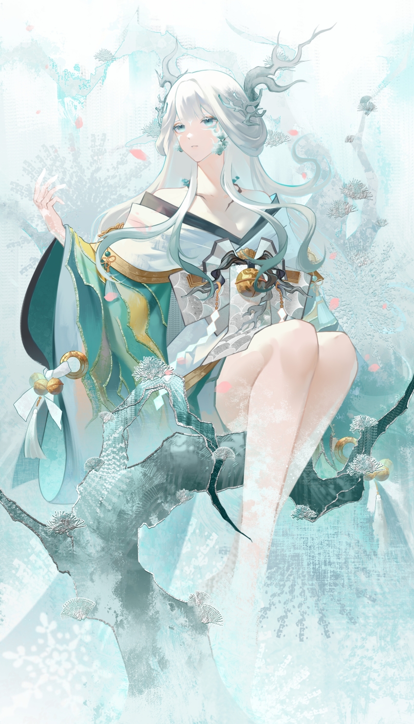 1girl, absurdres, barefoot, blunt_bangs, full_body, green_hair, highres, horns