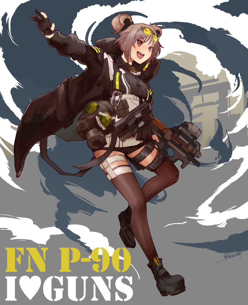 1girl, absurdres, black_gloves, blush, brown_thighhighs, bullpup, commentary_request, commission