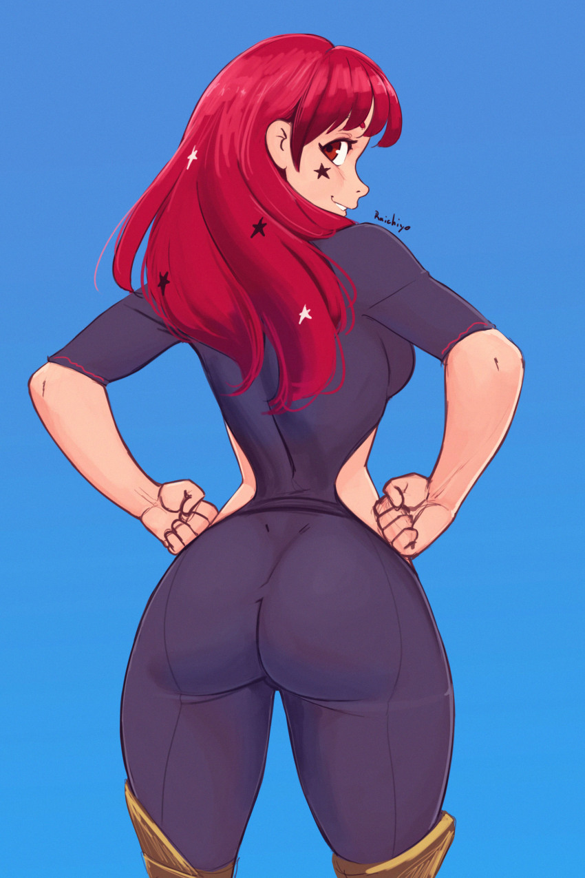 1girl, absurdres, ass, back, blue_background, fire_emblem, fire_emblem_engage, hands_on_own_hips, highres, huge_ass, long_hair, looking_back, nintendo, raichiyo33, red_eyes, red_hair, signature, simple_background, star_symbol, yunaka_(fire_emblem)