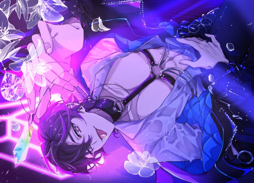 1boy, :p, bishounen, brown_eyes, brown_hair, chest_harness, eiden_(live2023)_(nu_carnival), eiden_(nu_carnival), gem, harness, long_sleeves, looking_at_viewer, lying, male_focus, nu_carnival, nu_re_tsubasa, official_alternate_costume, see-through_clothes, see-through_shirt, shirt, tongue, tongue_out, white_shirt