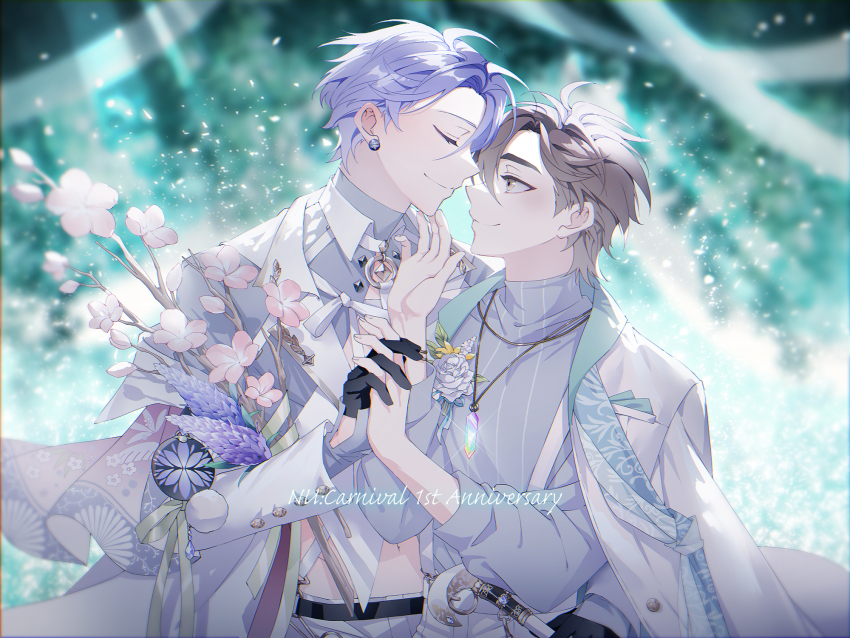 2boys, anniversary, bishounen, black_gloves, blush, brown_eyes, brown_hair, earrings, eiden_(forest_carnival)_(nu_carnival), eiden_(nu_carnival), flower, gem, gloves, highres, holding_hands, jewelry, kuya_(afternoon_daze)_(nu_carnival), kuya_(nu_carnival), long_sleeves, looking_at_another, male_focus, multiple_boys, nu_carnival, nu_xxxxx, official_alternate_costume, pink_flower, purple_eyes, purple_flower, purple_hair, short_hair, white_flower, yaoi
