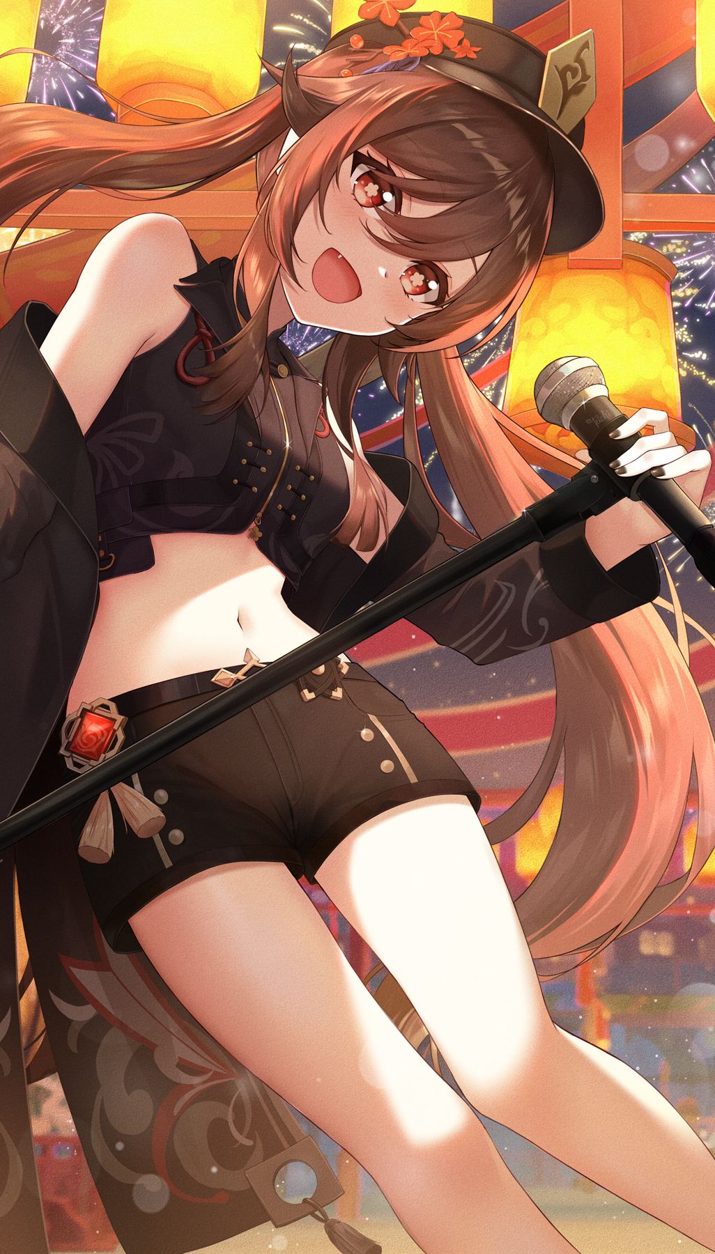 1girl, :d, aerial_fireworks, alternate_costume, bare_legs, bare_shoulders, black_hat, black_jacket
