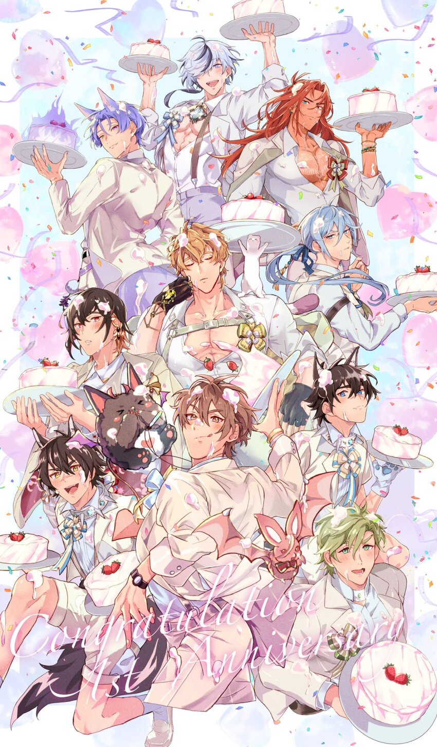 6+boys, anniversary, aster_(nu_carnival), balloon, birthday_cake, bishounen, black_hair, blade_(nu_carnival)