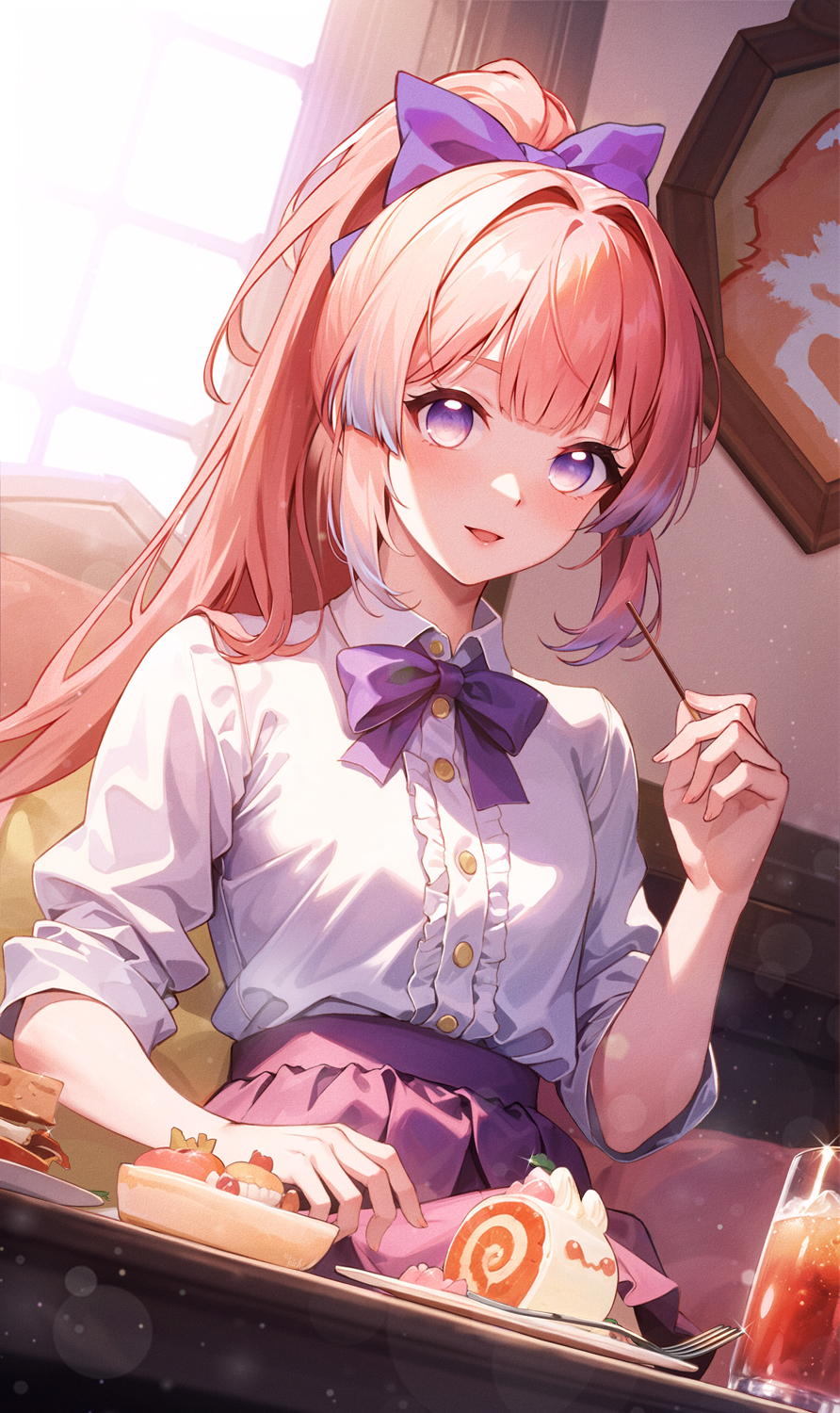 1girl, :d, alternate_costume, alternate_hairstyle, blunt_bangs, blush, bow, bowtie