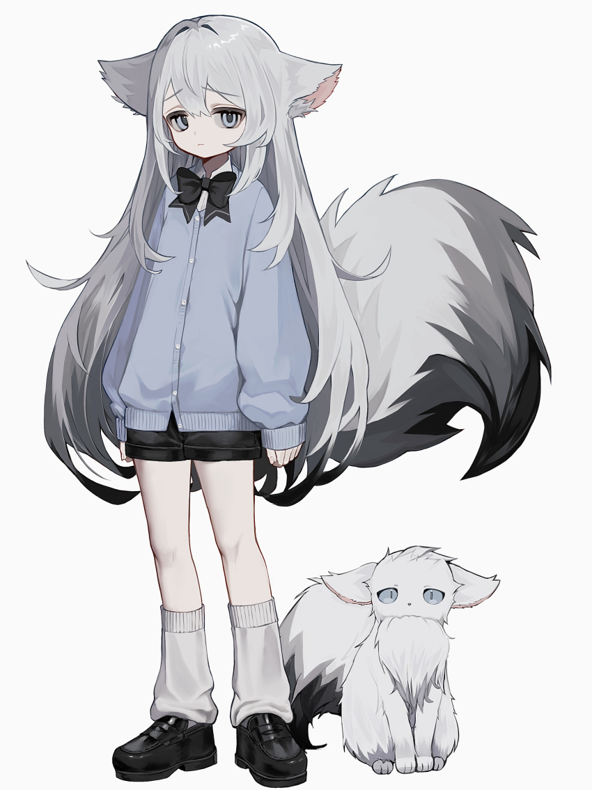 1girl, absurdres, animal_ear_fluff, animal_ears, black_bow, black_bowtie, black_shoes, black_shorts, blue_cardigan, bow, bowtie, cardigan, collared_shirt, commentary, frown, grey_eyes, grey_hair, grey_tail, highres, leg_warmers, loafers, long_hair, long_sleeves, original, platform_shoes, shirt, sho_(sho_oe4), shoes, short_shorts, shorts, simple_background, sleeves_past_wrists, solo, untranslatable_commentary, tail, very_long_hair, white_background, white_shirt, wolf, wolf_ears, wolf_girl, wolf_tail