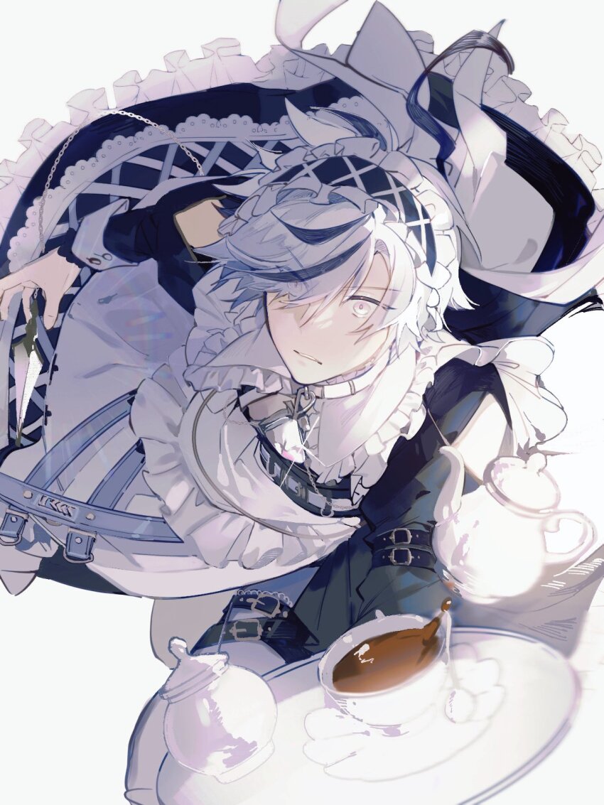 1boy, apron, bishounen, black_dress, black_hair, blade_(lovable_enforcer)_(nu_carnival), blade_(nu_carnival), crossdressing