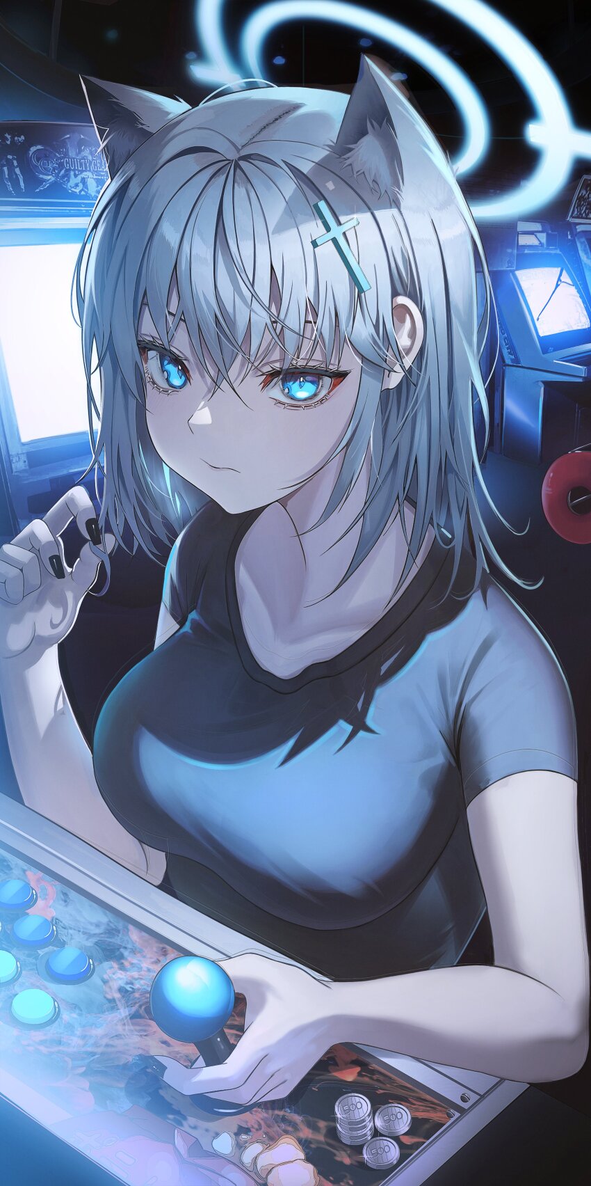 1girl, absurdres, animal_ear_fluff, animal_ears, arcade, arcade_stick, black_shirt, blue_archive