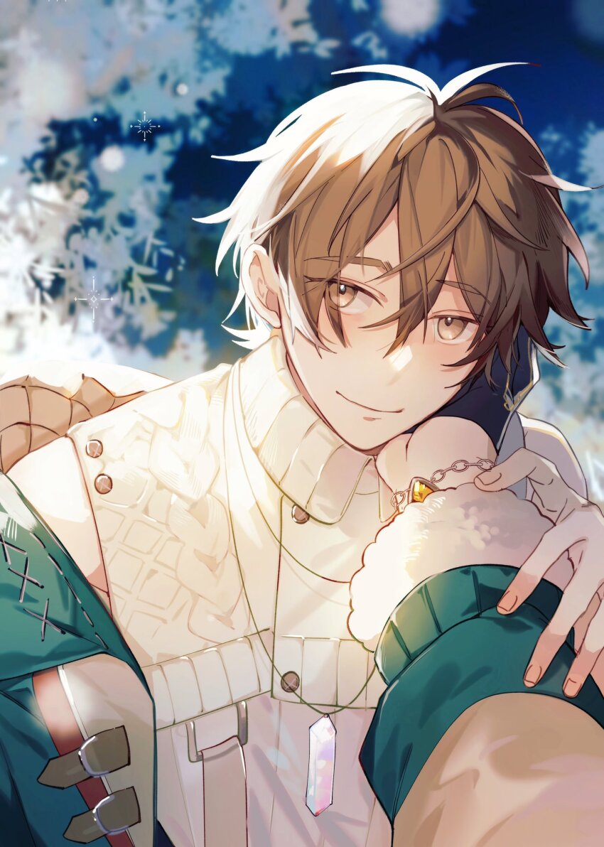 2boys, bishounen, black_gloves, blush, brown_eyes, brown_hair, eiden_(nu_carnival), fur-trimmed_sleeves, fur_trim, gem, gloves, hand_on_own_cheek, hand_on_own_face, highres, jewelry, long_sleeves, looking_at_viewer, male_focus, multiple_boys, necklace, nu_carnival, quincy_(arctic_warden)_(nu_carnival), quincy_(nu_carnival), short_hair, yaoi, zym89622531