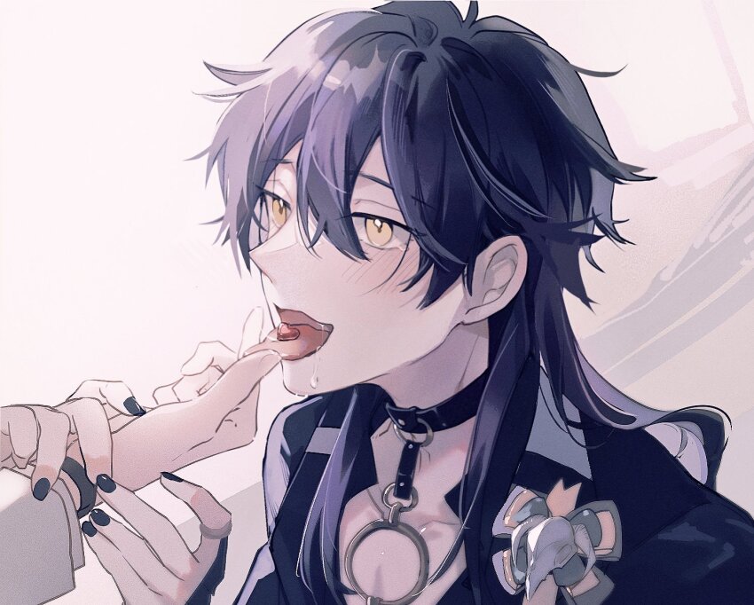 2boys, :p, bishounen, black_choker, black_nails, blush, brothers, candy_heart, choker, eiden_(nu_carnival), highres, incest, long_hair, long_sleeves, looking_at_another, male_focus, multiple_boys, nail_polish, nu_carnival, purple_hair, rin_(nu_carnival), siblings, tongue, tongue_out, yaoi, yellow_eyes, zym89622531