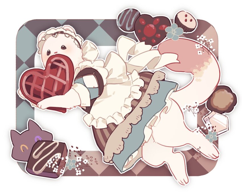 1other, animalization, apron, aqua_dress, barefoot, brown_cookie, candy, chocolate_chip_cookie