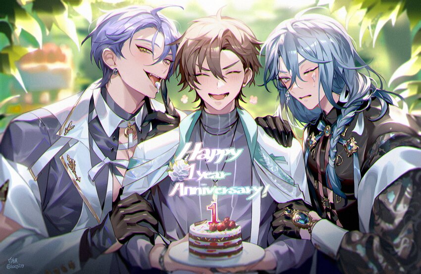 3boys, anniversary, baegji13, birthday_cake, bishounen, black_gloves, blue_eyes, blue_hair